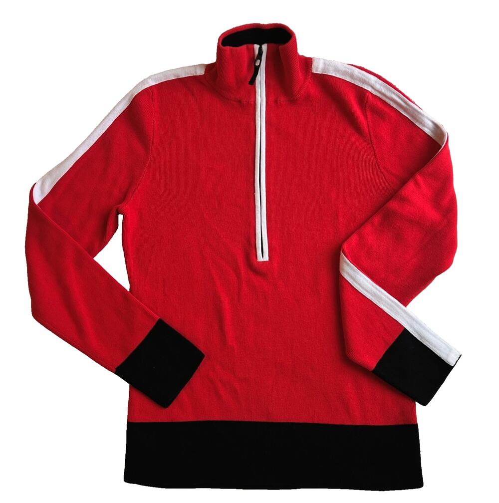 Lauren Ralph Lauren Woman 
Red Black White Half-Zip Mock Neck Sweater Cotton, L
